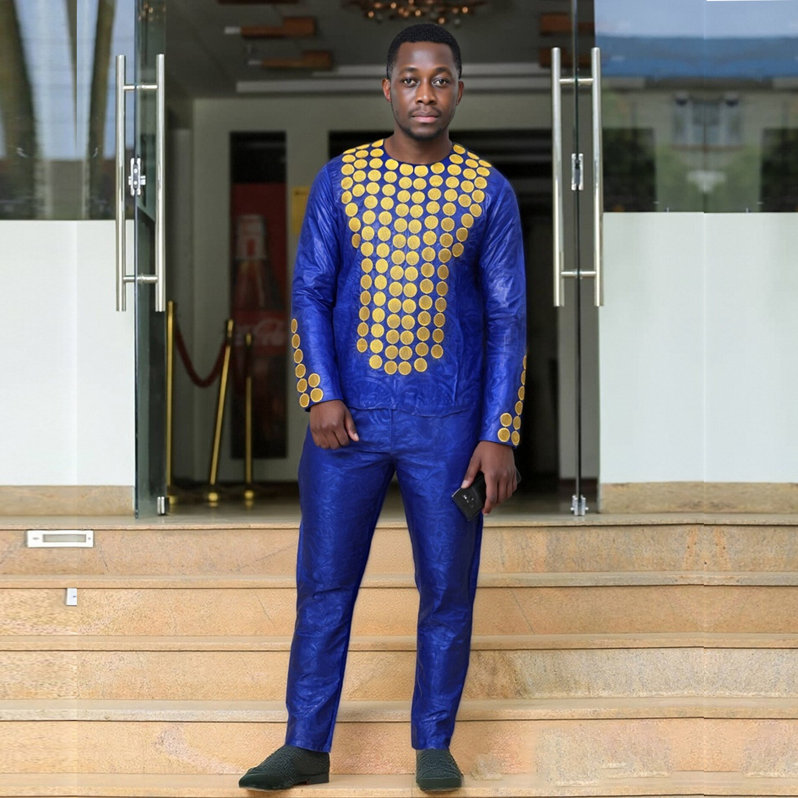 Vêtements africains pour hommes, ensemble traditionnel Bazin Riche brodé, haut à manches longues, 3 pièces