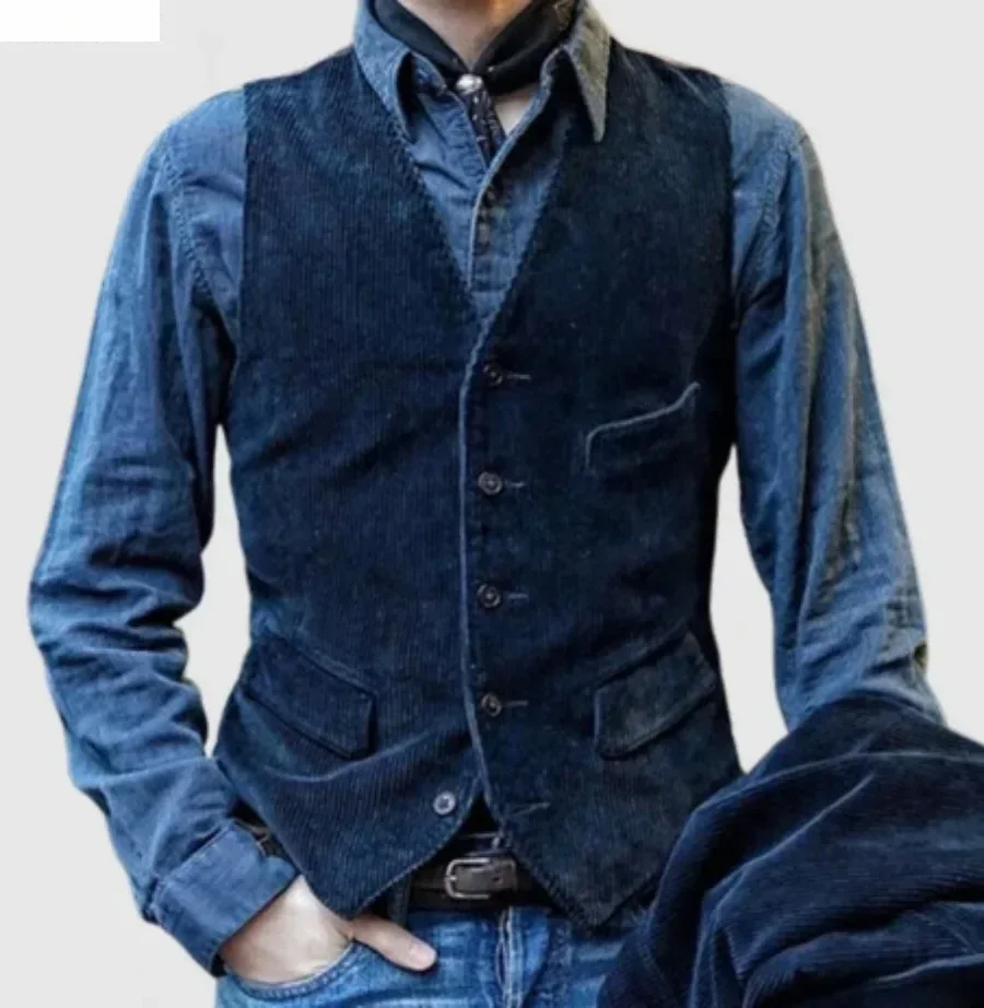 Gilets Vintage pour hommes, gilet en velours côtelé de Style britannique, manteaux décontractés, veste sans manches à simple boutonnage pour hommes, gilet formel