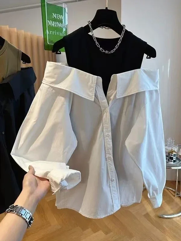 Mode coréenne chemisiers à épaules dénudées femmes mince réservoir ample épissé chemises à manches longues automne col rond femmes chemise Рубаrien Ж Dien Döncud