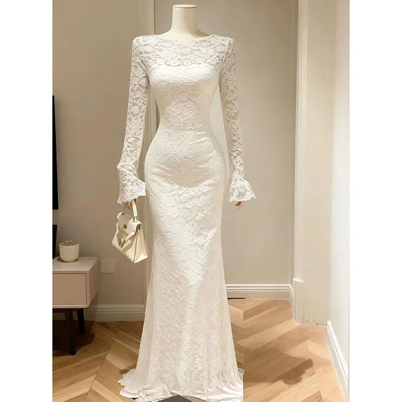 Robe élégante en dentelle française pour femmes, manches longues, robe en crochet douce et fine, robe de soirée blanche transparente, robe de soirée chic, vestidos féminins