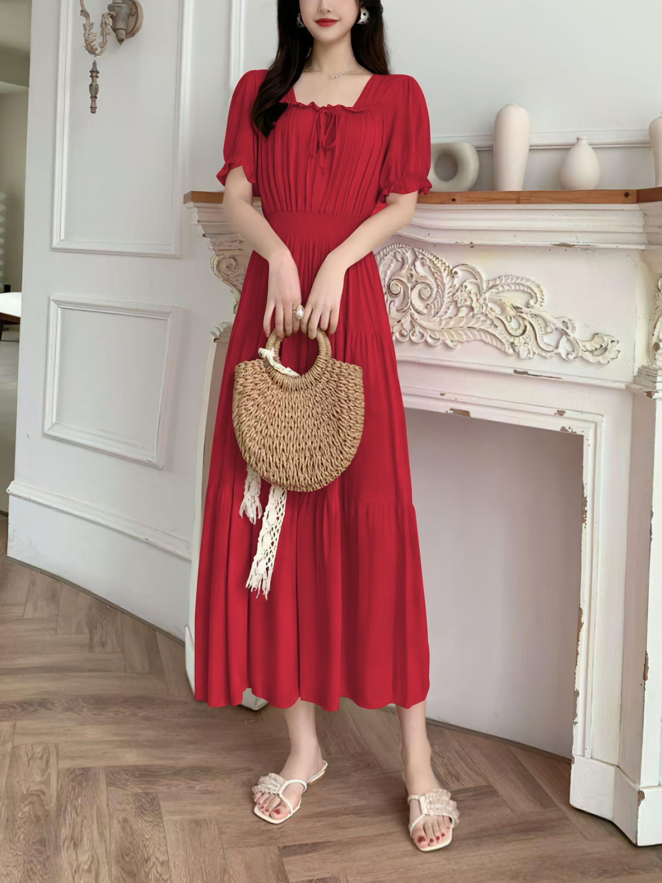 Robe midi décontractée pour femme, manches bouffantes, taille haute, chic, à porter au quotidien pour toutes les occasions, style élégant pour les femmes soucieuses de la mode