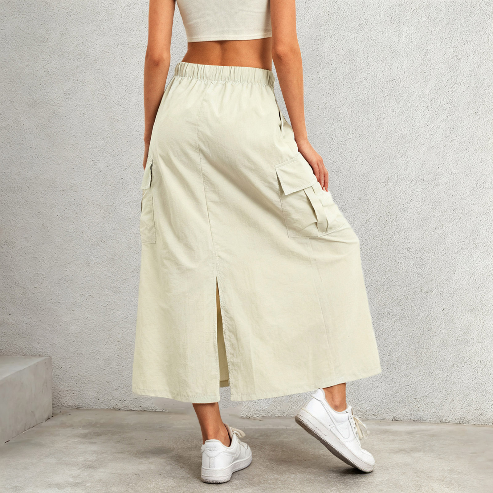 Femmes longues jupes Maxi américain rétro poches Cargo jupes taille haute avec ceintures élastiques solide Streetwear jupes pour les femmes