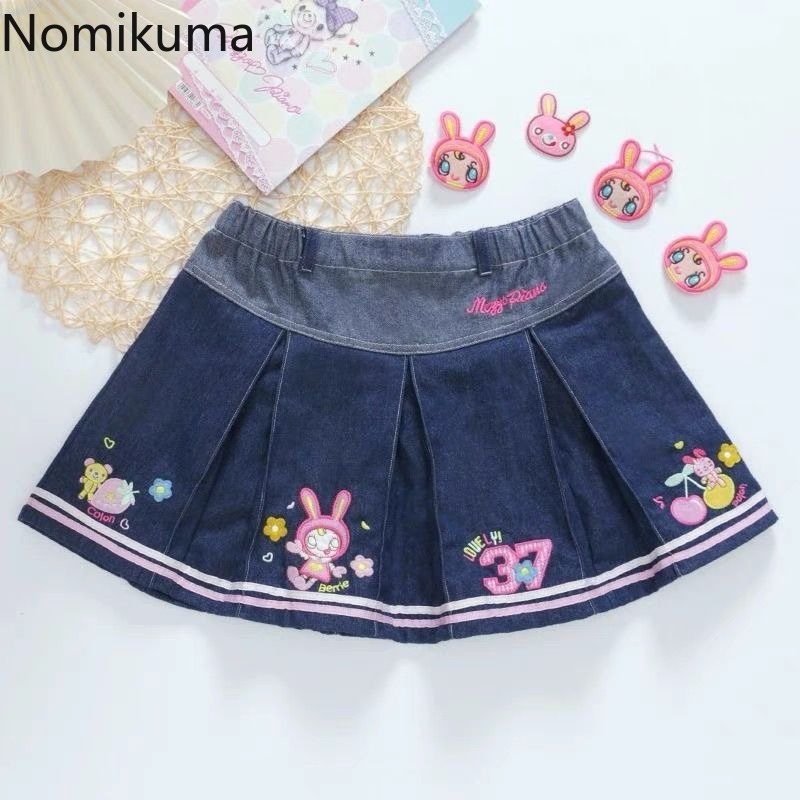 Denim Mini jupes 2025 Faldas Mujer De Moda mignon a-ligne douce Jupe été Chic Saia dessin animé broderie plissée Y2k Jupe femmes
