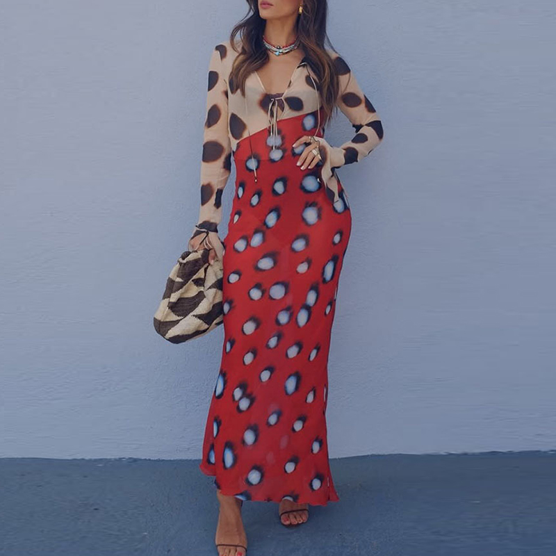 Nouvelle Robe Longue Moulante Femme à Pois Contrastants Col V Taille Haute Manches Longues Décontractée pour le Printemps et les Fêtes