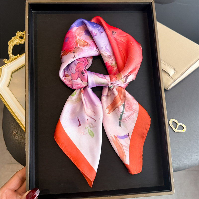 Foulard en fibre de polyester douce pour femme, motif peinture à l'huile 70x70cm, nouvelle mode, polyvalent, accessoire de mode pour vêtements et sacs
