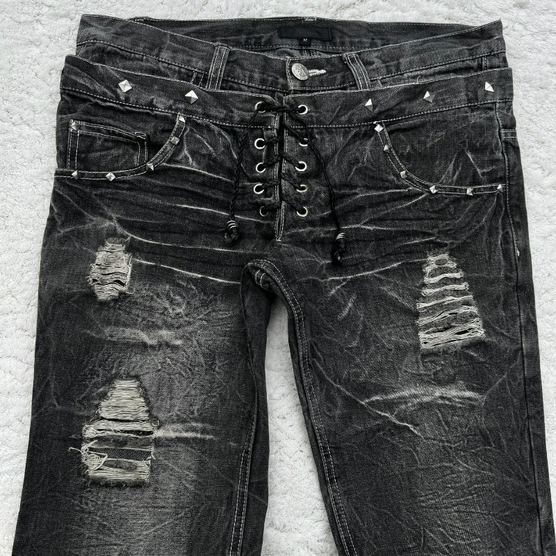 Jeans pour hommes Harajuku Vintage Streetwear, denim délavé et déchiré, pantalon à double taille, micro-évasé, coupe ample, long, décontracté, neuf