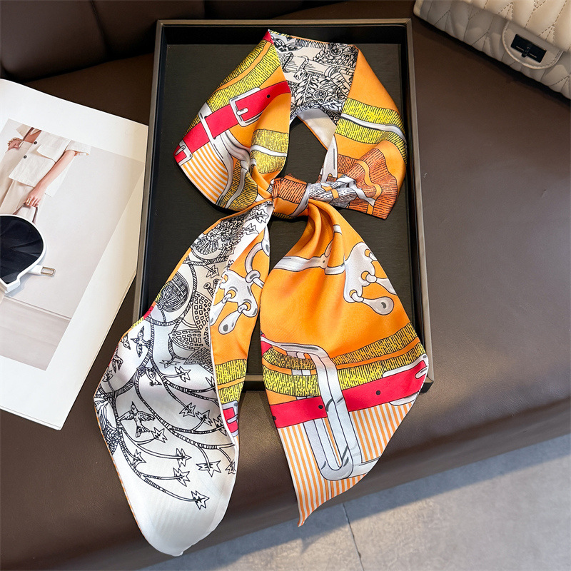 Écharpe en soie imprimée double face pour femme, ruban fin, foulard long tendance, ruban de sac à main fin pour femme, jolies écharpes de cou