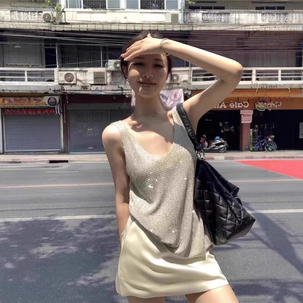 Nouveau débardeur tricoté élégant et décontracté pour femme, style urbain, coupe ajustée, à sequins, style Spice Girls, tendance