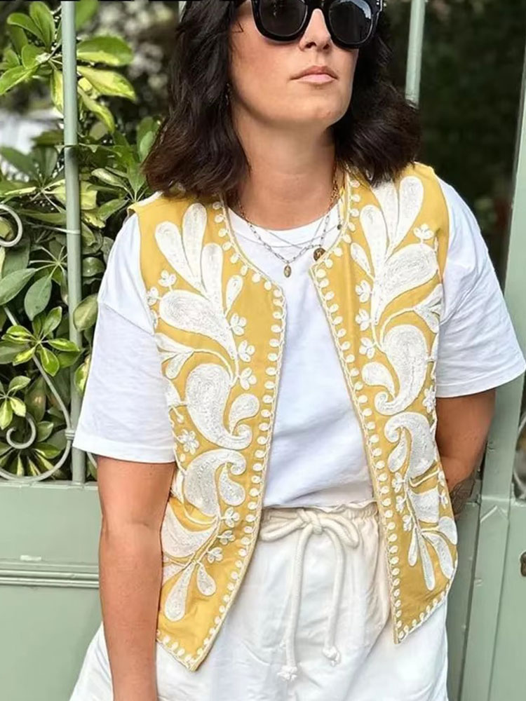 HH – gilet brodé pour femmes, Vintage, décontracté, sans manches, Cardigan, haut à la mode, motif Floral brodé, Y2k