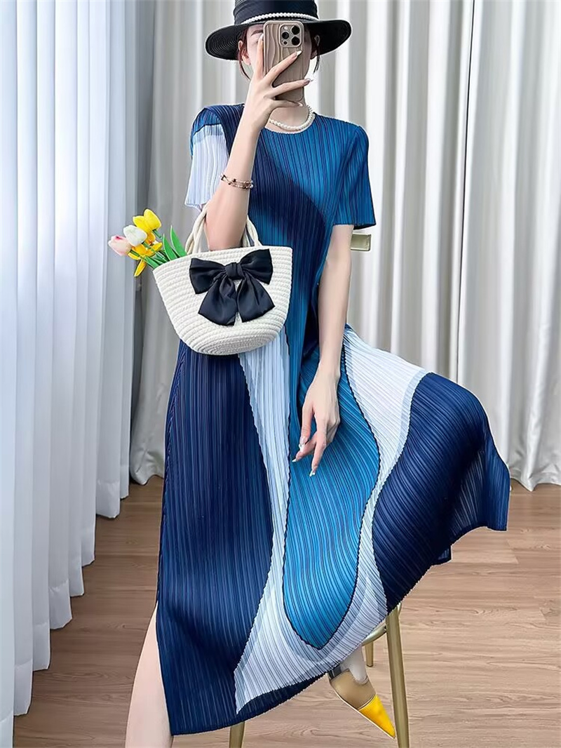 Robes de soirée pour femmes, col rond, couleur assortie, tempérament confortable, Design ample, robe ample plissée, été