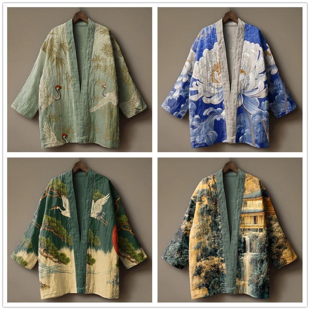 Kimono japonais imprimé grue pour hommes et femmes, costume traditionnel asiatique d'été, Yukata Haori, cardigan floral, costumes de cosplay