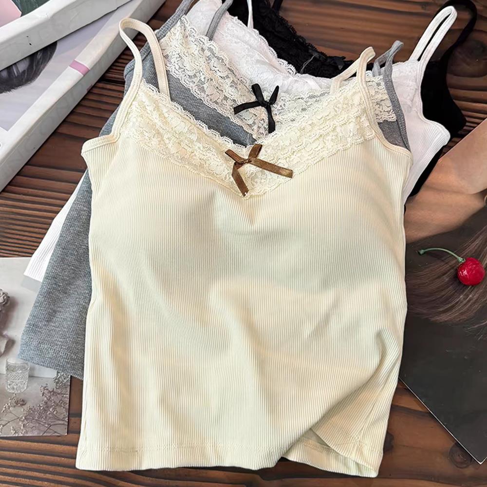 Hauts à bretelles en dentelle tricoté, haut court doux, vêtements en tricot, débardeur Sexy Slim pour femmes, couleur unie, Camisole à nœud court, vêtements