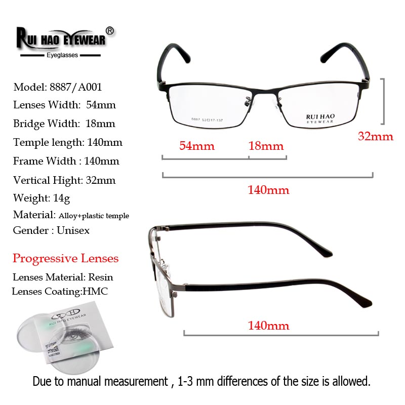 Monture de lunettes rectangulaire pour hommes, personnalisable avec verres en résine, pour myopie, lecture, lunettes progressives 8887