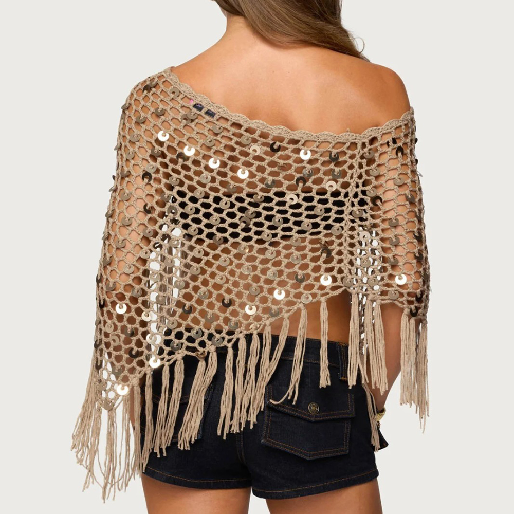 Hauts cache-cœurs en tricot à franges pour femmes, ornés de paillettes brillantes, ajourés, en crochet, style boléro, châle, poncho, coupe ample, décontractés, pour la plage