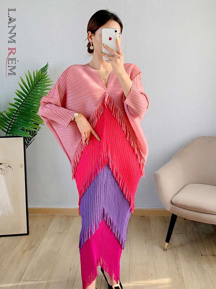 LANMREM-Robe de Nuit Plissée à Franges pour Femme, Patchwok, Manches Chauve-Souris, Mi-mollet, Mode Féminine, Été 2025, 2N789