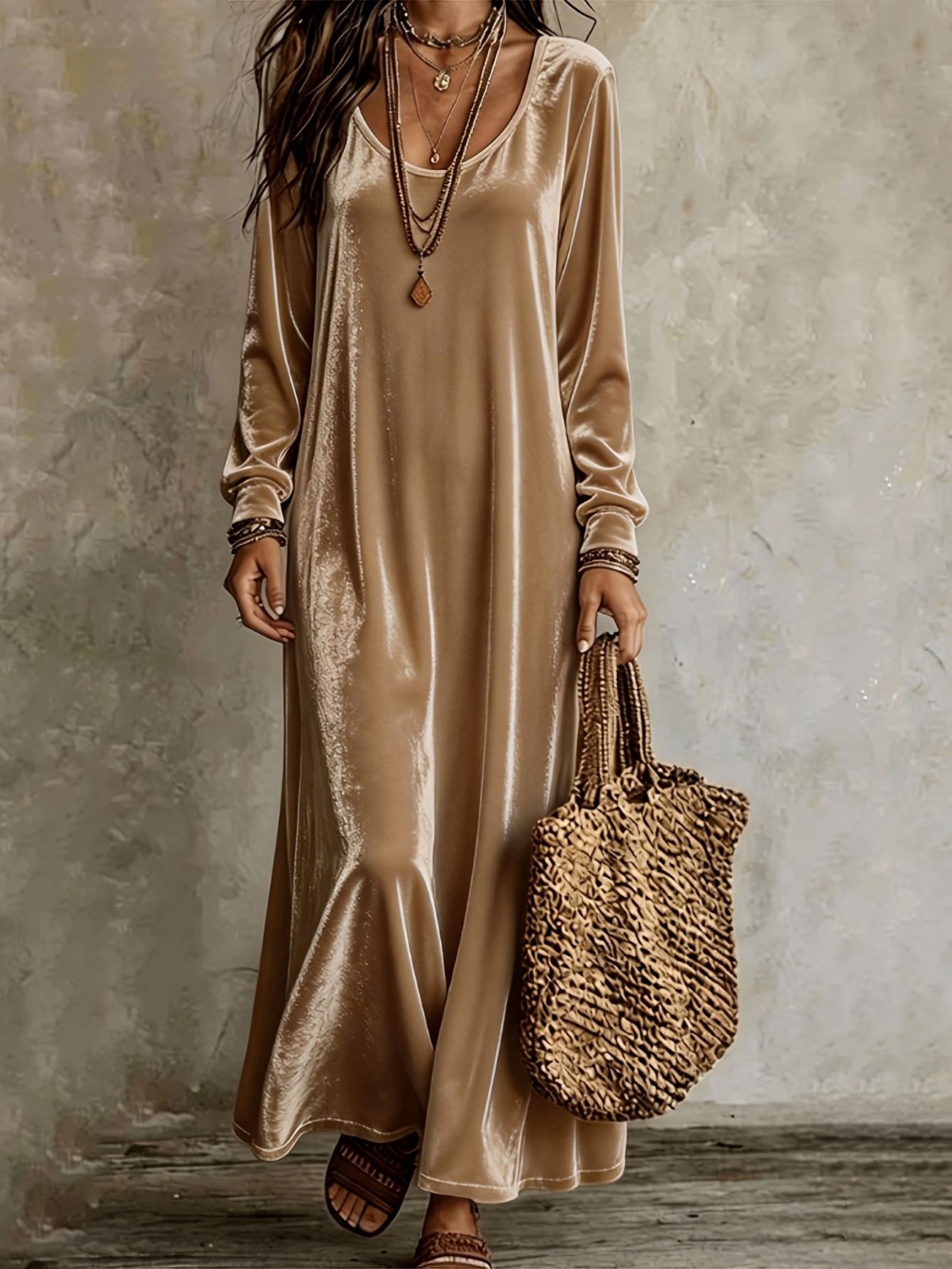 Robe en velours pour femmes, élégante robe maxi à manches longues.