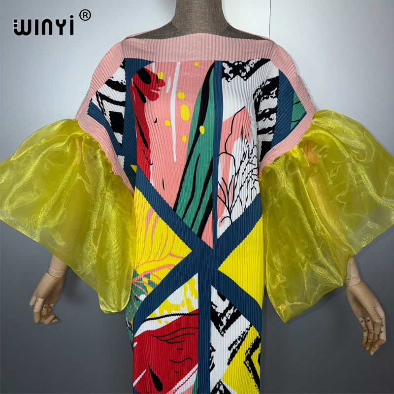 WINYI robe plissée à manches bulles bohème vêtements de plage caftan abaya dubaï robe de soirée de luxe longue robe de soirée femme musulmane