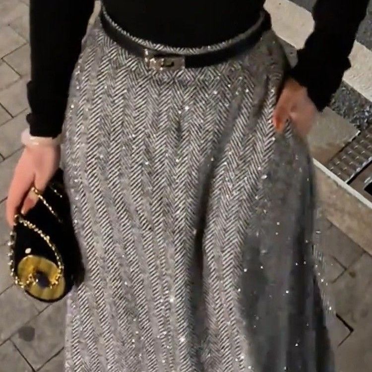Jupe Style coréen femmes gris taille haute paillettes jupes en laine Faldas Largas Юбка concepteur de luxe tendance Jupe longue