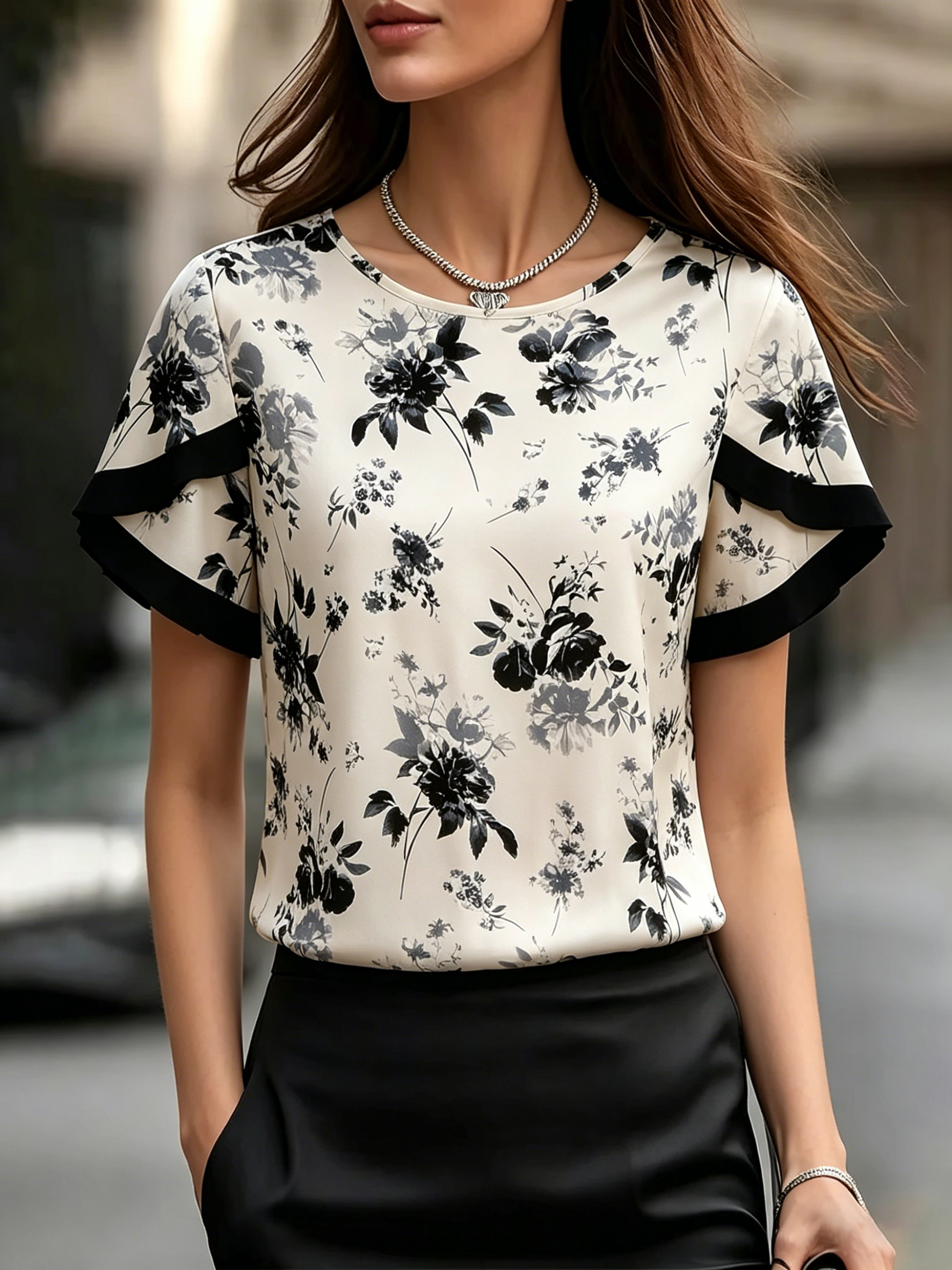 Chemisier floral pour femme à col rond et manches à volants, haut imprimé, t-shirt ample décontracté et élégant, chemise pour femme, haut quotidien printemps-été