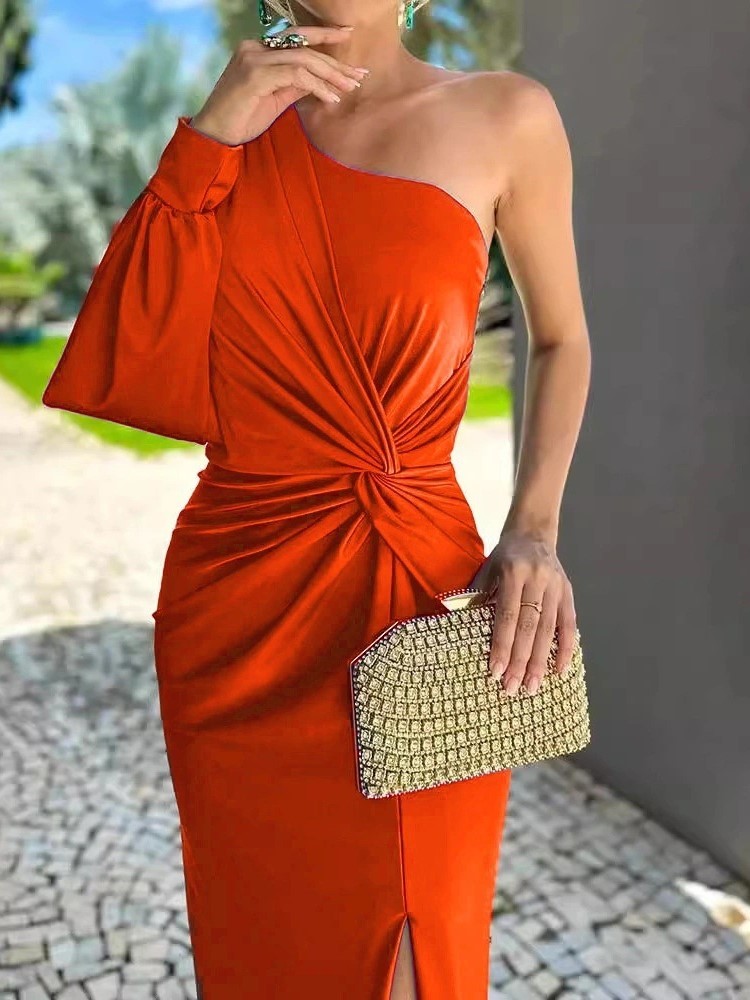 Robe élégante et Sexy à épaules dénudées pour femmes, mode col diagonale, sans manches, paquet de robes de hanche, Robe de soirée formelle