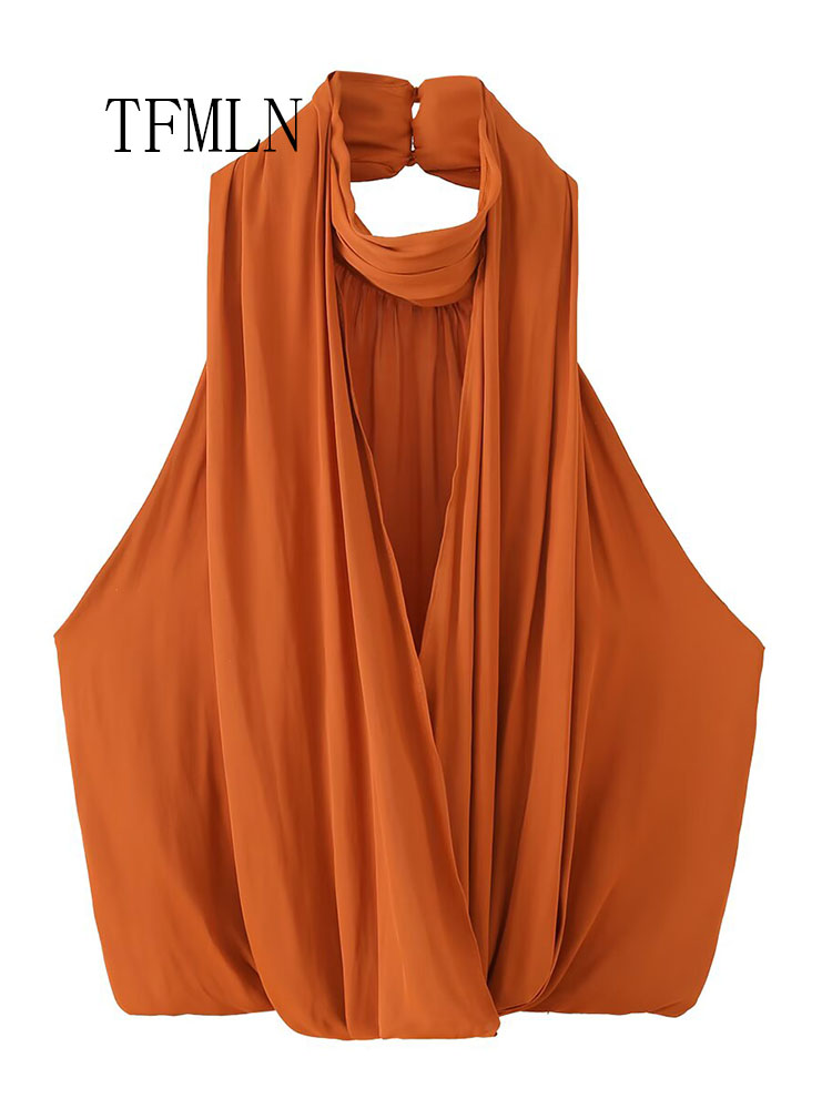 Mode Été 2026 Femme : Hauts plissés à col licou, élégants, sans manches, dos nu, décontractés, à plis chics, style urbain, courts et pull-overs