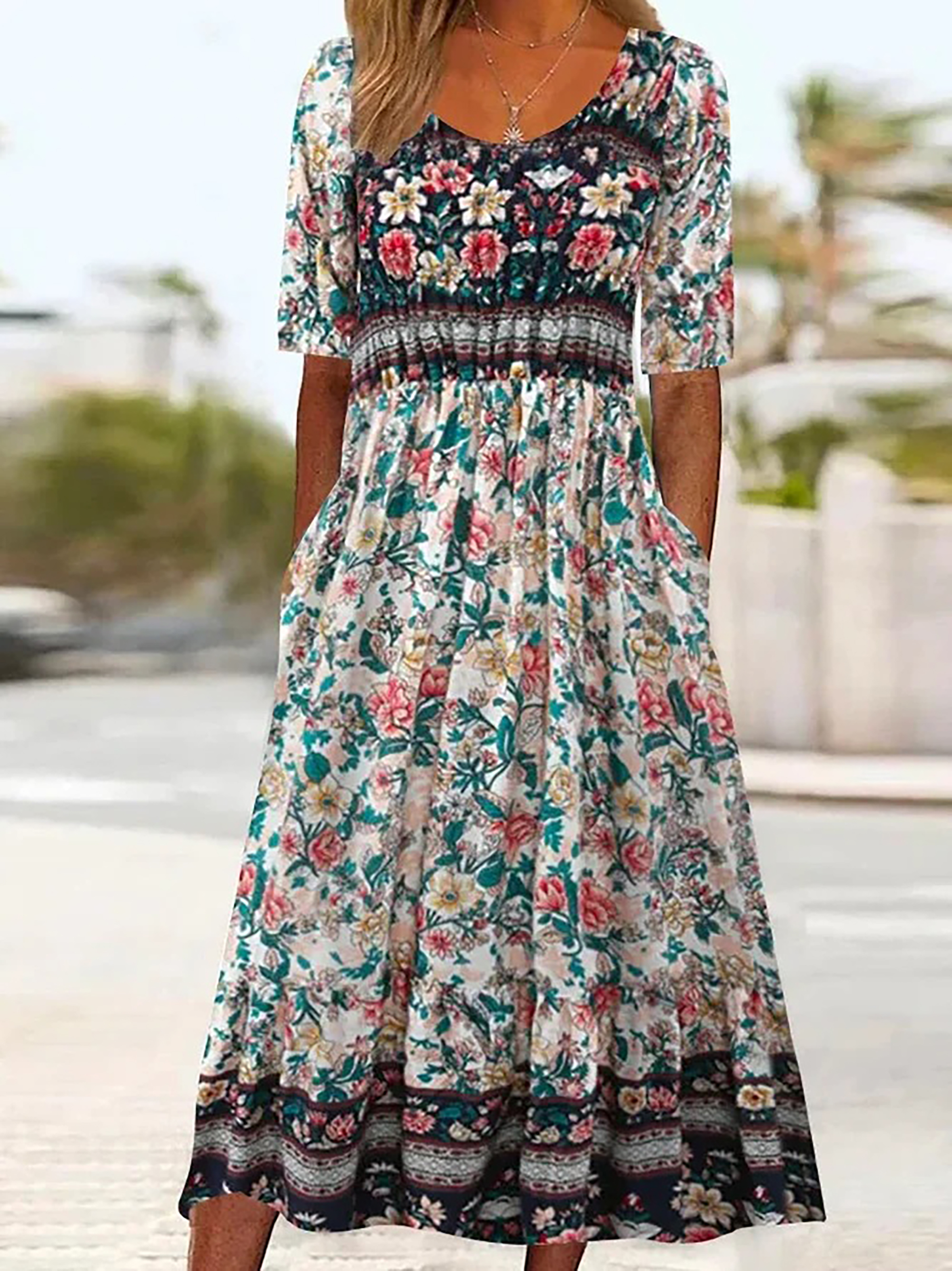Robe longue style bohémien pour femmes, ample, mode imprimée, col rond, manches courtes, nouvelle collection été 2025