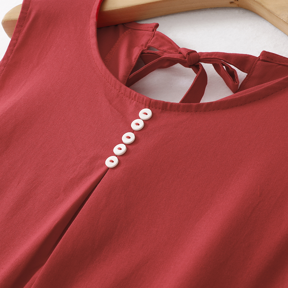 Robe d'été 100% coton pour femmes – Nouvelle robe de vacances dos nu de style coréen, rouge, mi-longue, robe décontractée sans manches