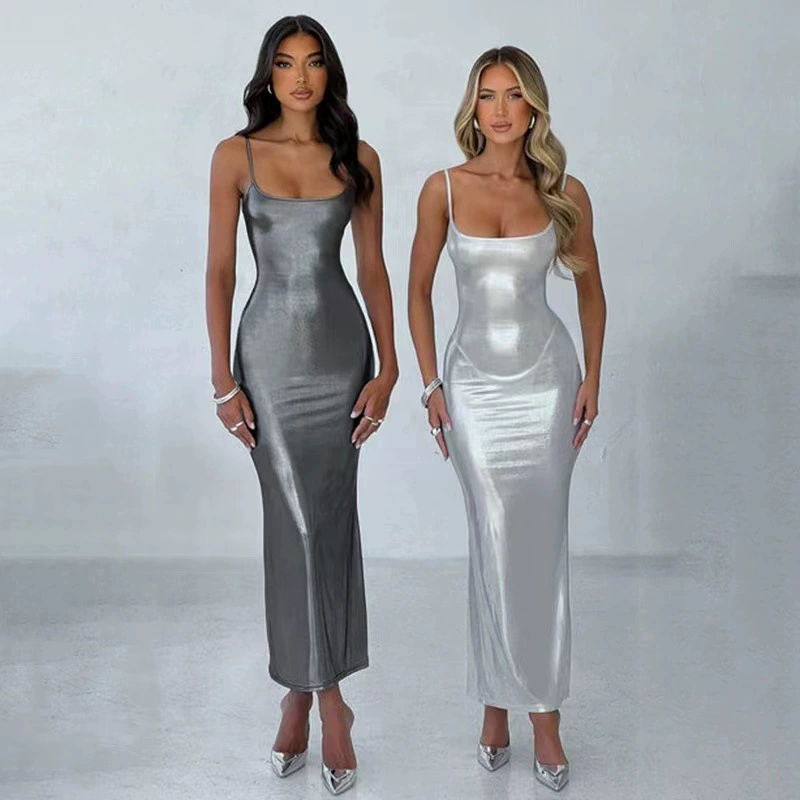 Robe longue en cuir verni brillant, Sexy, moulante, Maxi, sans manches, dos nu, élégante, tenue de soirée en boîte de nuit