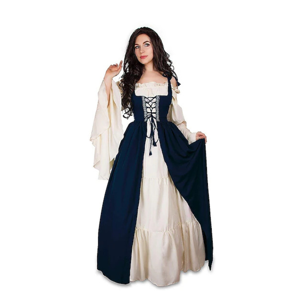 Robe corset de style cour médiévale à manches longues avec manches chauve-souris épaules dénudées et jupe longue évasée pour femme