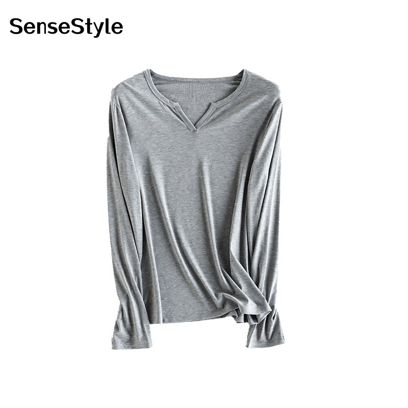 T-shirt 6% soie pour femmes, col en v, manches longues, doux, basique, confortable, couleur unie, printemps