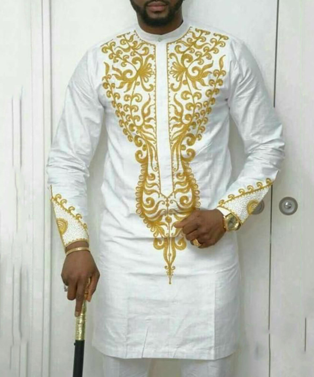Chemise brodée africaine pour hommes, tenues africaines, manches longues, col rond, haut et pantalon, 2 pièces, fête ethnique traditionnelle, mariage trempé