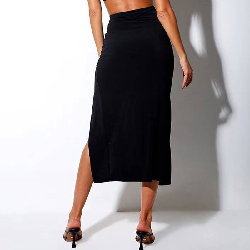 Femmes Sexy mince fente jupe irrégulière élastique taille haute plissée a-ligne jupe été américain rétro solide longue froncée jupes