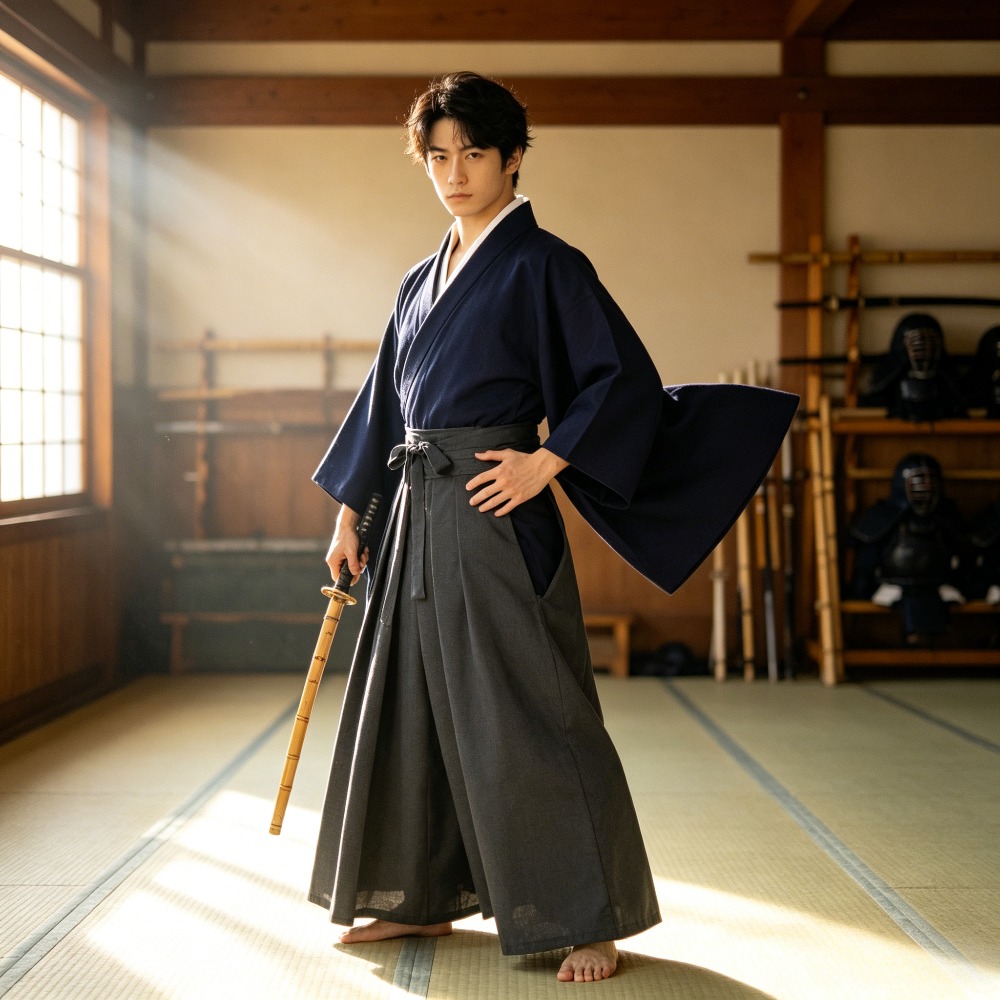 Robe Kimono traditionnelle japonaise rouge unie vintage pour hommes, costume de Kendo Samouraï pour Halloween, carnaval, scène ou fête à thème