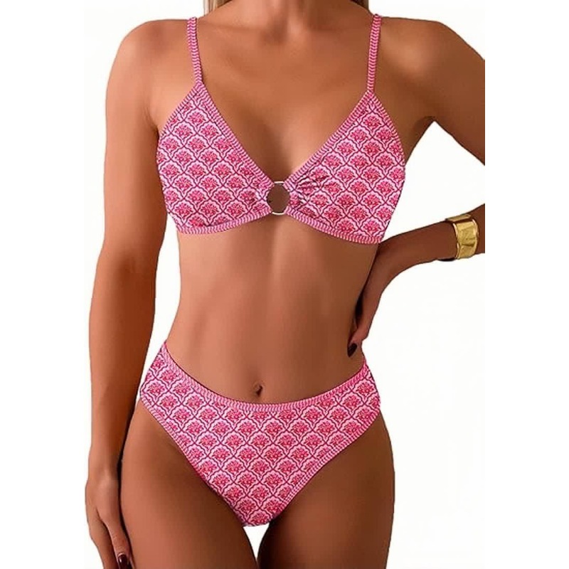 Ensembles de bikinis deux pièces pour femmes, haut à anneau en O, maillots de bain triangle à motif floral, mode été, tenue de plage deux pièces, maillot de bain