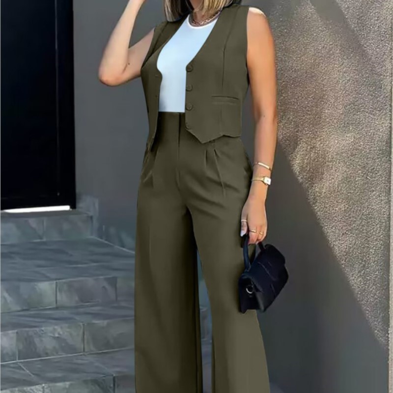 Costume pour femmes, gilet élégant pour dames, ensemble pantalon Baggy, pantalon de travail régulier, gilet sans manches, taille haute, jambes larges, ensembles de 2 pièces