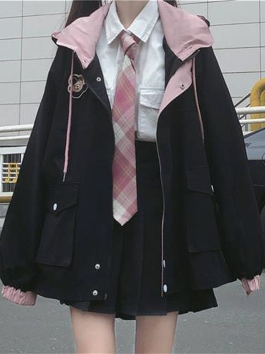 Veste Kawaii japonaise pour femmes, manteau à capuche surdimensionné de Style Preppy rose, mode coréenne, vêtements d'extérieur décontractés pour filles, automne 2023
