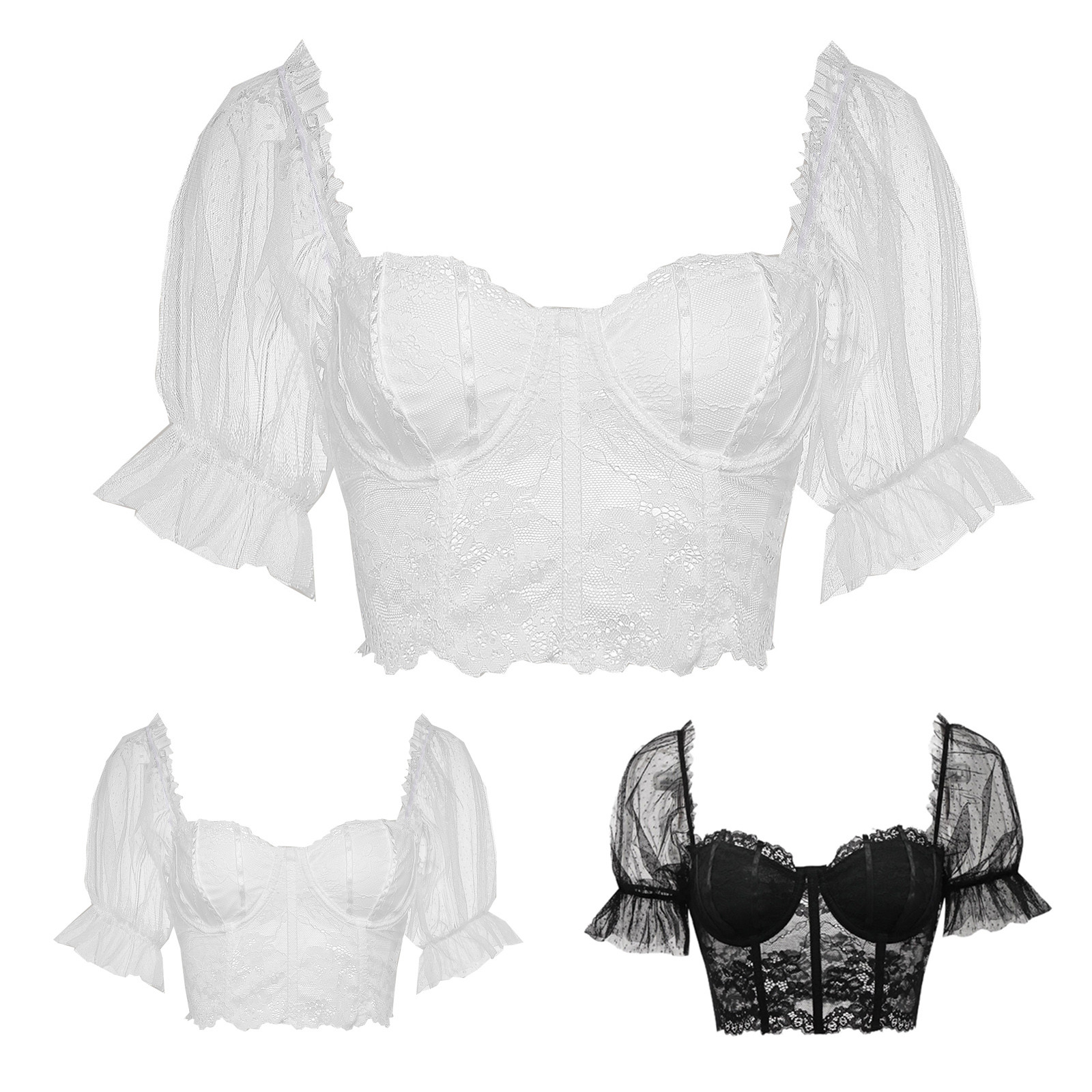 Femmes Blouses Sexy bavarois Oktoberfest hauts à manches courtes pur blanc dentelle manches bouffantes culture hauts traditionnel Dirndl fête Blouse