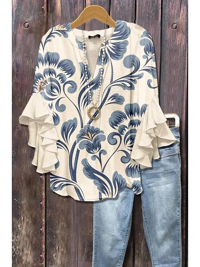Chemise bohème à fleurs pour femmes, manches à volants, coupe ample décontractée, tissu doux, chemise élégante pour les vacances