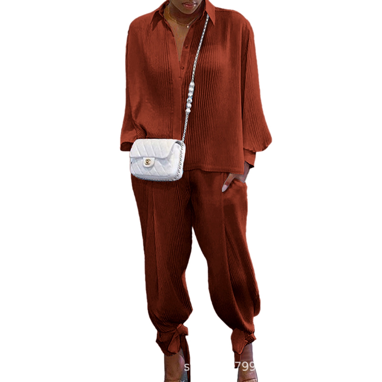 Ensemble chemise et pantalon pour femmes, classique, couleur unie, décontracté, ample, manches longues, revers, taille élastique, costume deux pièces, nouvelle tenue de rue d'été 2025