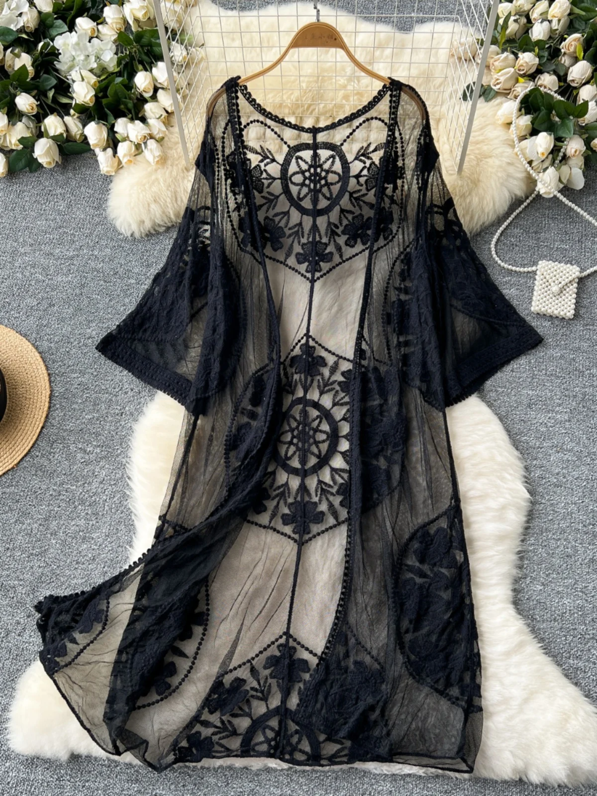 Boho-Cardigan de plage en dentelle transparente pour femmes, broderie florale, décontracté, élégant, manteau long, livraison directe, été