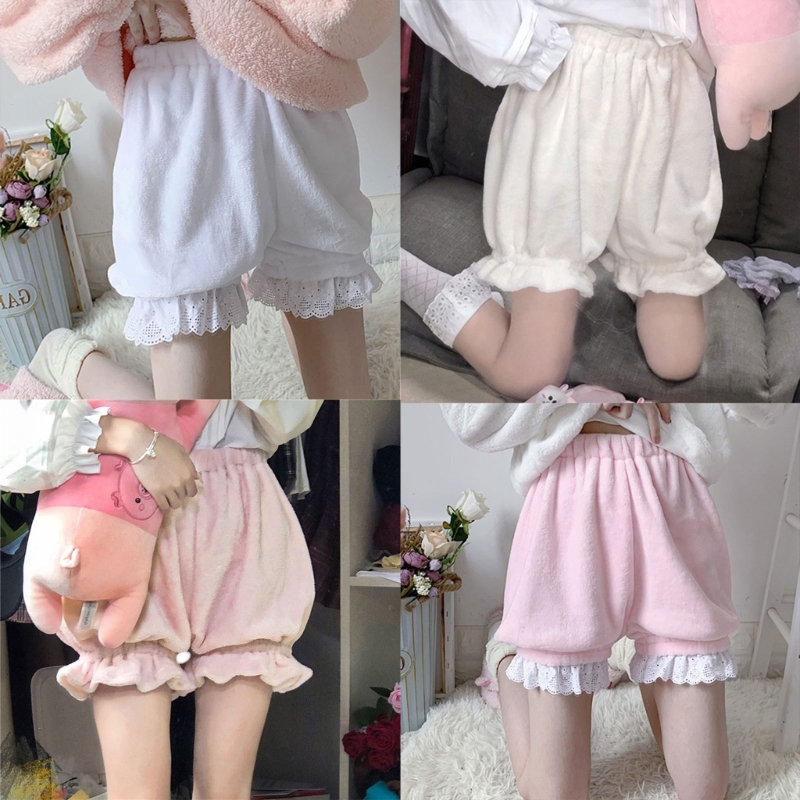 Short thermique en velours Lolita pour femme, pantalon bouffant, nœud à volants, Aliments adt, short en peluche