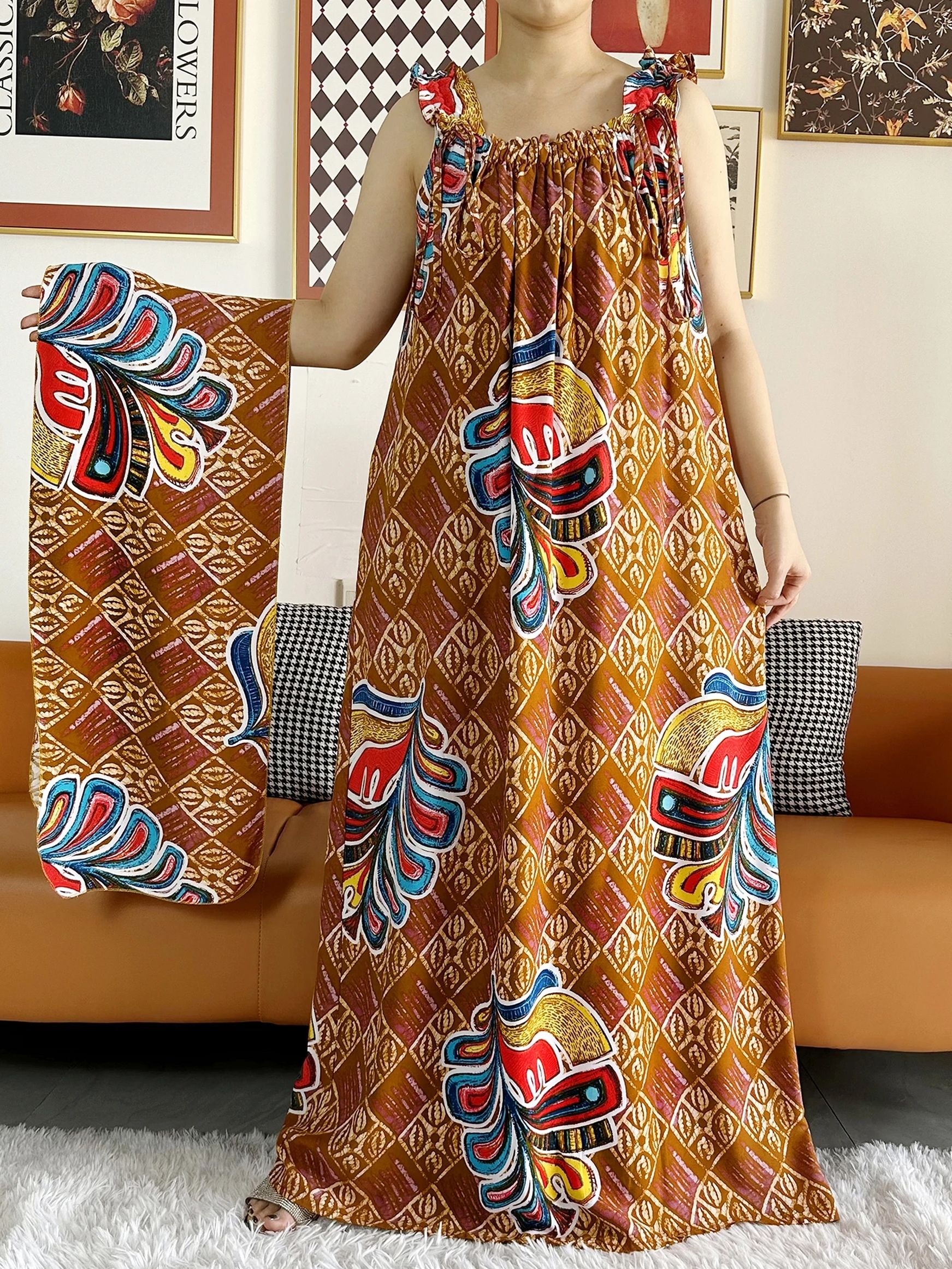Robe d'été en fibre de coton avec écharpes pour femmes, sous-robe, Abaya Dashiki, Maxi Lady Robe, Kaftan, Robe éducative, 2024