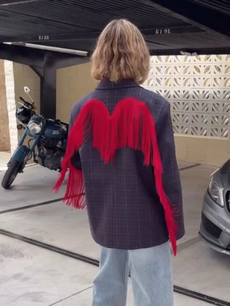 Blazer vintage à carreaux pour femme, tendance, avec empiècements contrastants rouges et franges, revers, manches longues, coupe oversize, chic, décontracté, streetwear