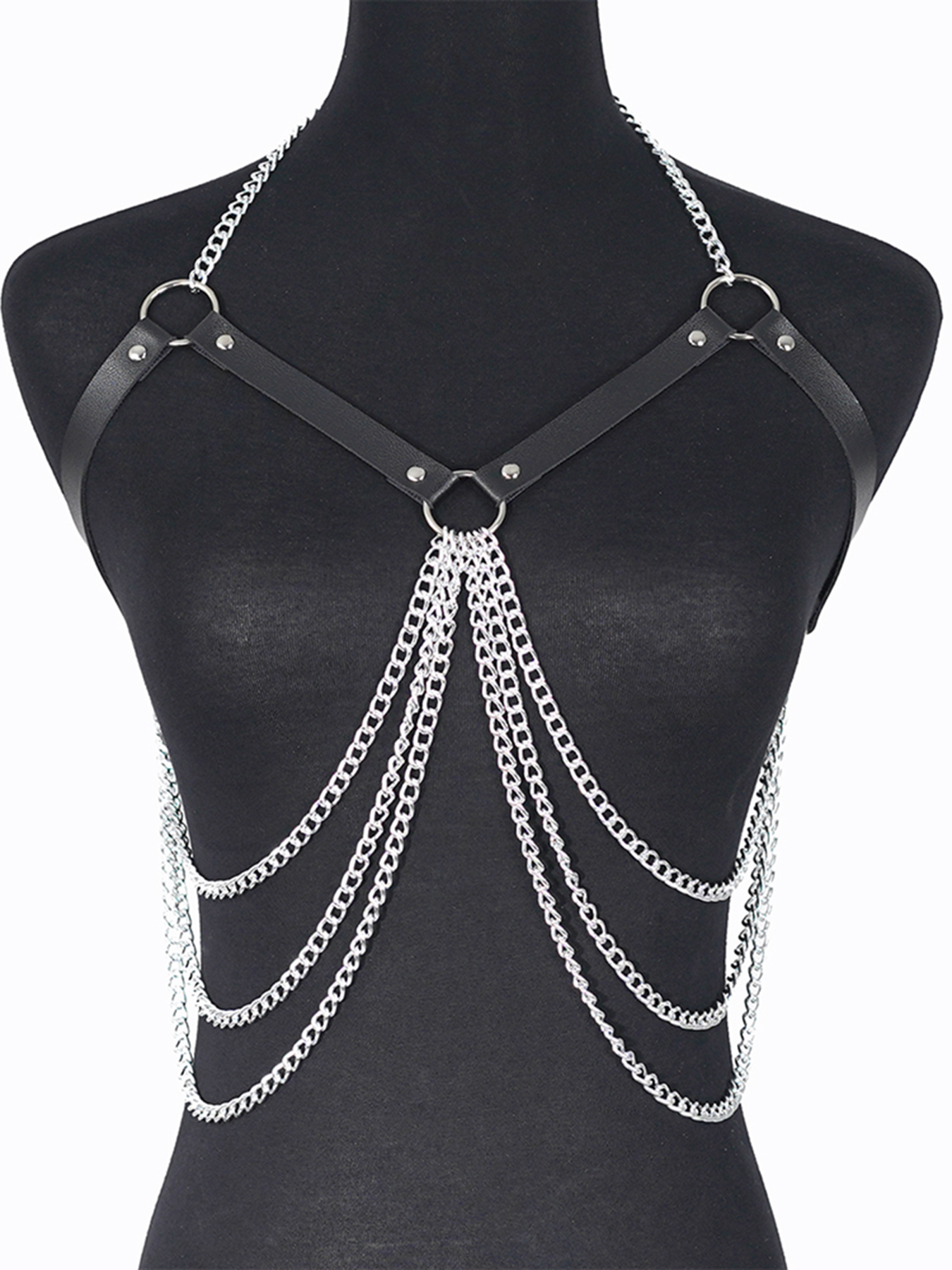 harnais femme porte jartelle harnais femme ceinture harnais cuir Chaîne de corps en cuir punk pour femmes – Soutien-gorge harnais réglable avec chaînes en métal argenté, lingerie gothique Festival Rave, bijou à la mode