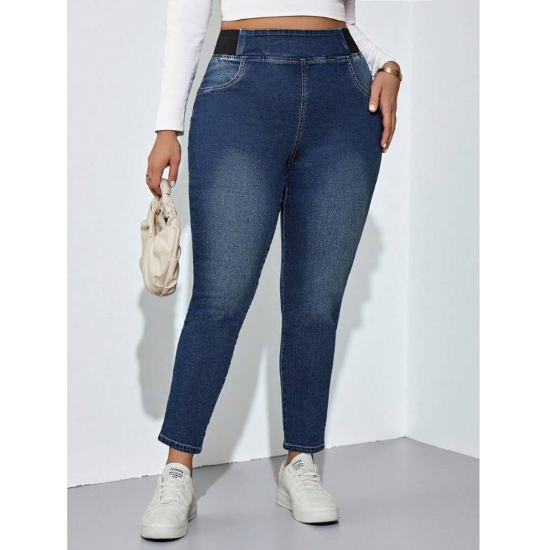 Jeans pour femmes grandes tailles, pantalon en denim décontracté à taille élastique, adapté aux trajets quotidiens, denim délavé, tendance, polyvalent, amincissant