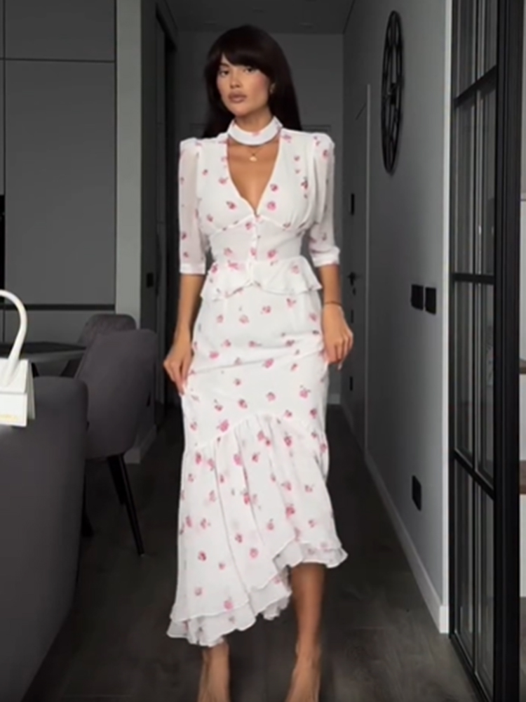 Nouvelle Robe Plissée Imprimée à Col en V et Taille Cintrée, Manches Courtes à Revers, Taille Haute, Longueur Midi, Élégante pour Femme, Collection Été