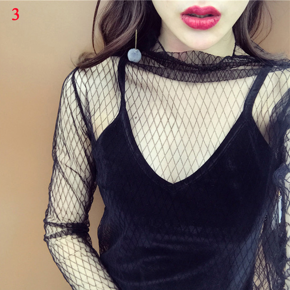 T-shirt élégant en dentelle pour femmes, hauts à manches longues en maille, haut Transparent, chemisier Transparent, chemises à col haut
