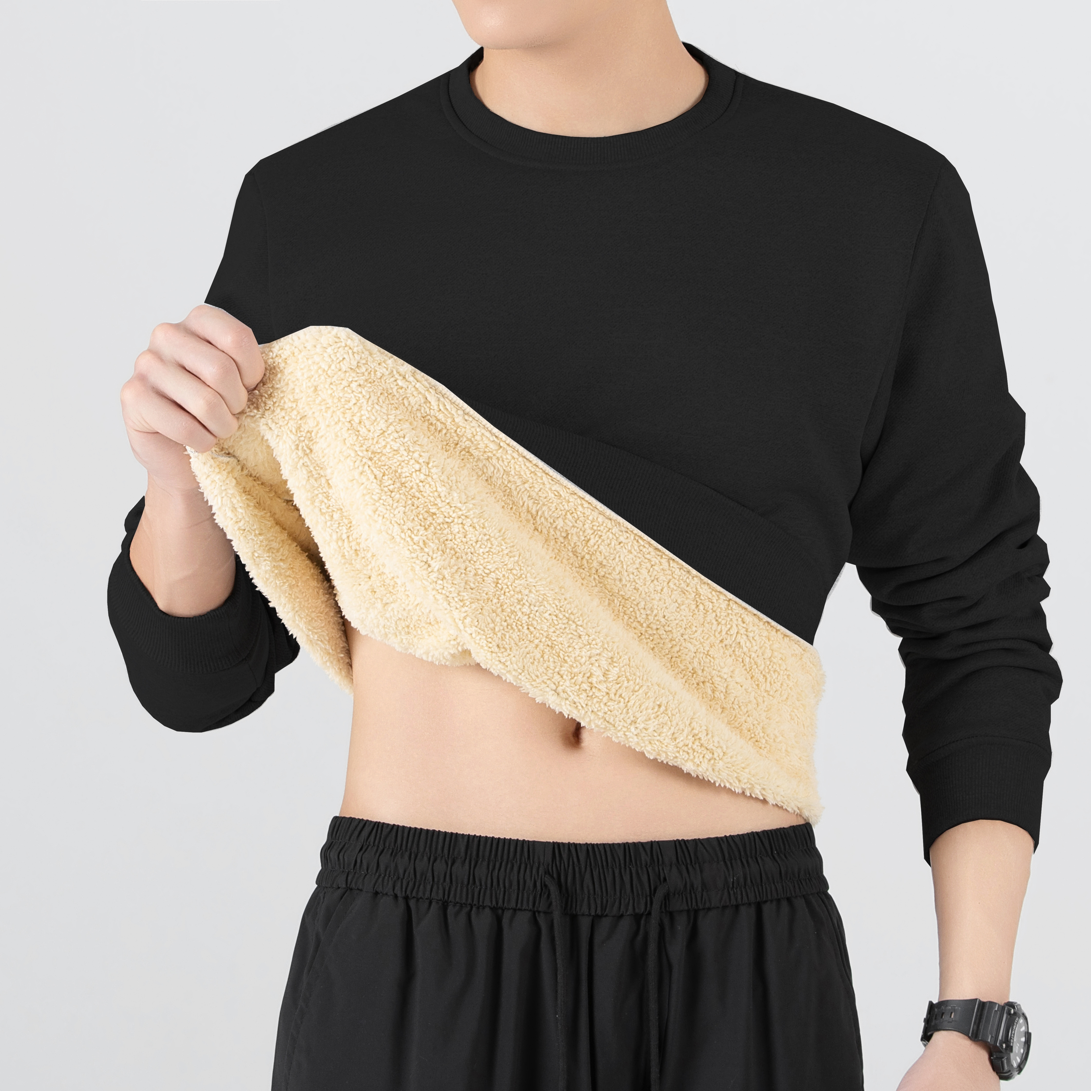 Sweat-shirt épais et chaud en laine d'agneau pour homme, couleur unie, épaules tombantes, col rond, peluche thermique, coupe-vent, polaire, hiver