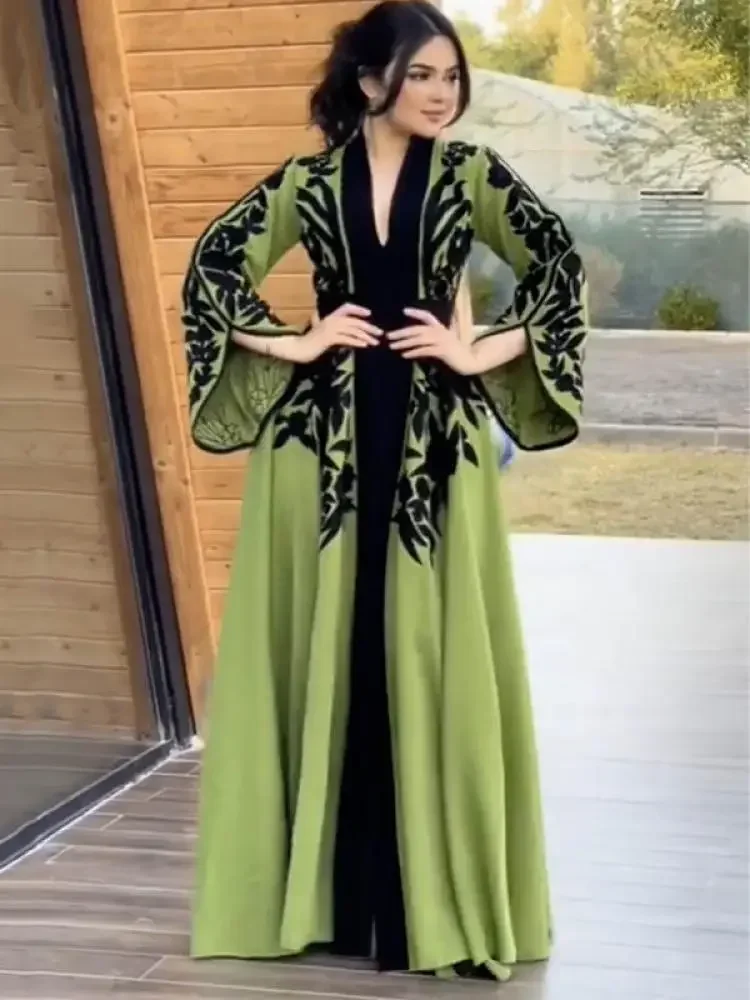 Robe de ramadan musulmane avec appliques, robe maxi de soirée élégante, col en V, manches évasées, taille nouée, robe trapèze à manches longues, printemps
