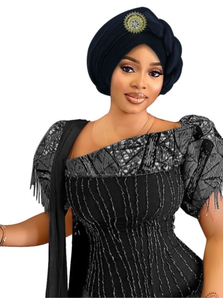 Casquette Turban plissée à paillettes pour femmes, enveloppe de tête pour dame, foulard musulman, chapeau, couvre-chef africain, 2025